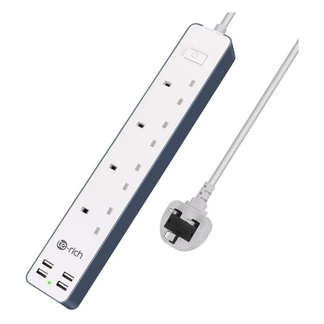 Terich 4 Way Extension Lead with USB Slots - Power Strip for Home Office - No Surge - 16m Cord - 3120W