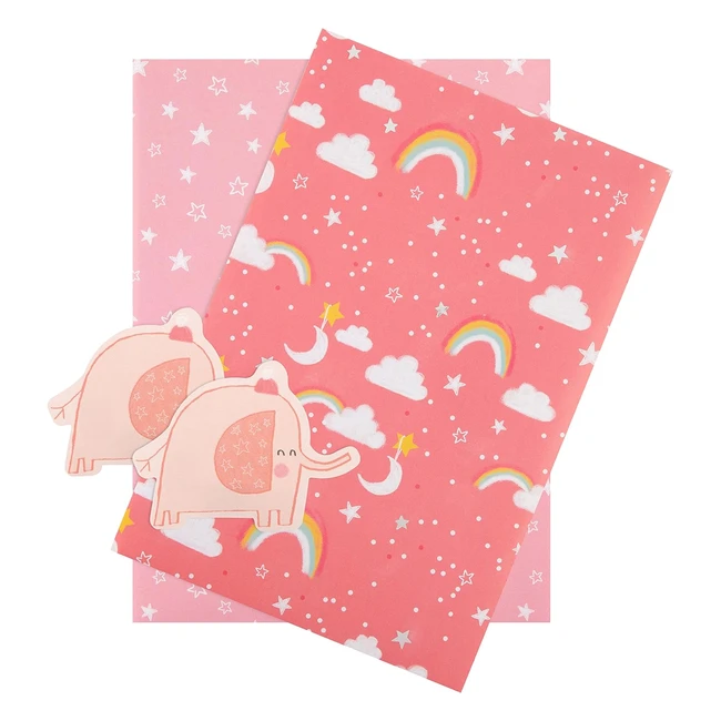 Papier cadeau Hallmark pour bébé avec étiquette cadeau - motif éléphant rose