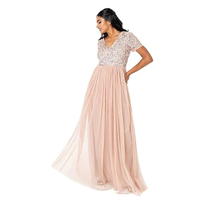 Maya Deluxe Damen Kleid für Hochzeitsgäste Plus Size Empire Hohe Taille Pailletten Kurzarm Abendjungfer