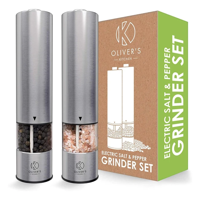 Olivers Kitchen Electric Salt and Pepper Mill Set - Stylish Stainless Steel Design - Adjustable Coarseness - 1-Touch Operation