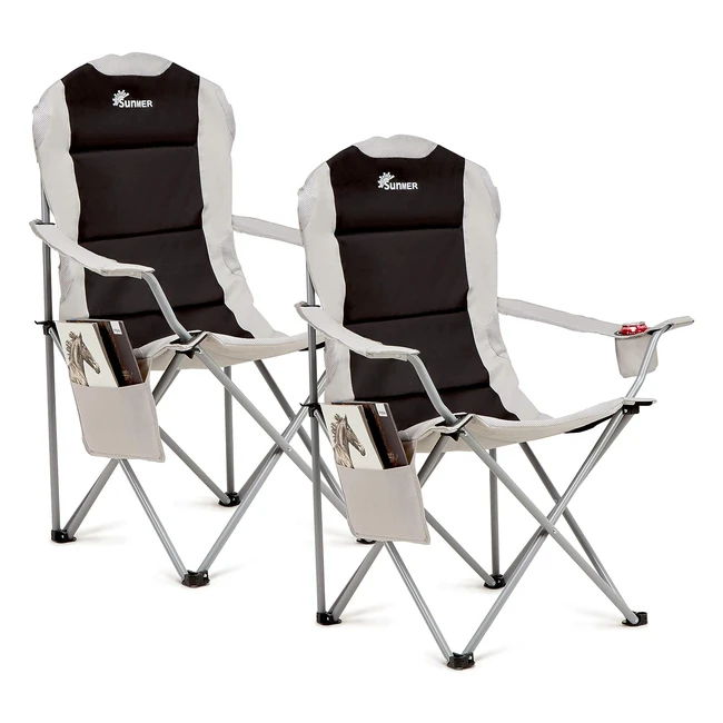 Sunmer Padded Camping Chairs - Set of 2 Deluxe Folding Chairs with Cup Holder and Side Pockets - Holds up to 120kg - Lightweight 33kg per Chair