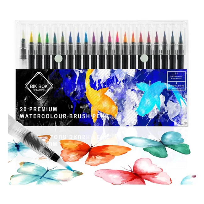 Bik Bok Creations 20 Watercolor Brush Pens - Versatile Waterbased Ink Set for Colouring, Calligraphy, and Drawing - Premium Art Supplies