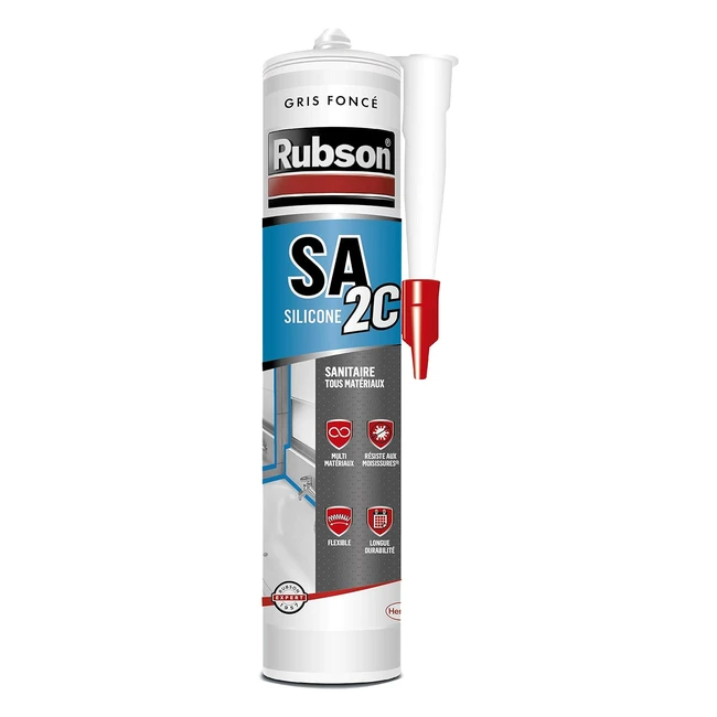 Rubson SA2 Sanitaire Gris Fonc Mastic Silicone 2en1 - Joint Sanitaire Renforcé en Antifongiques - Finition Lisse Brillante - 280 ml