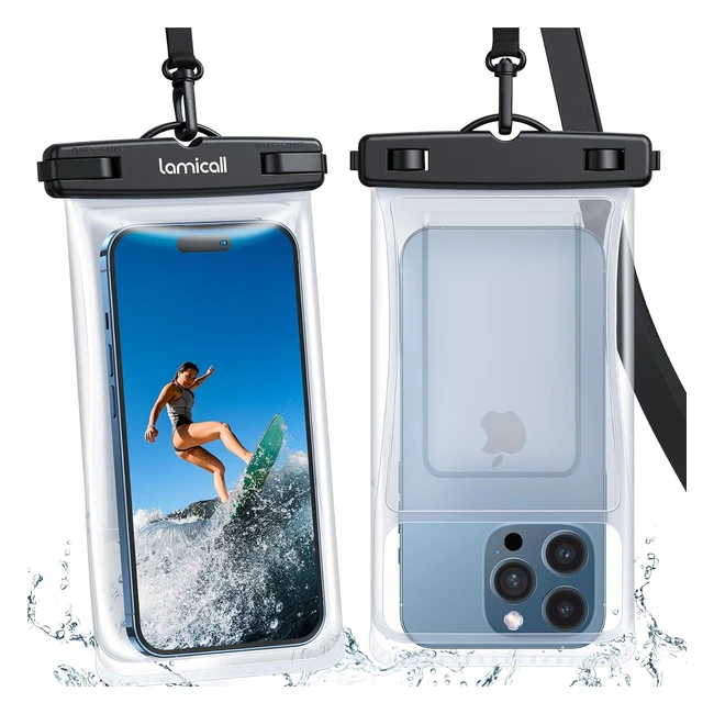 Lamicall Floating Waterproof Phone Pouch - IPX8, 3D Seamless Body, for iPhone 15/14/13/12/11 Series, Samsung S23 - 2 Pack, Black