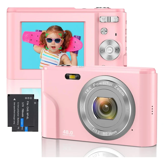 Fotocamera Digitale 1080p FHD Mini Messa a Fuoco Automatica Videocamera 48MP Ricaricabile Piccola Vlog Fotocamera Compatta Zoom Digitale 16x - Regalo per Bambini, Studenti, Adulti