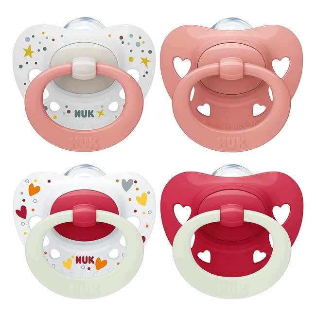 NUK Signature Day/Night Baby Dummy 06 Months - Soothes 95% of Babies - Heart-shaped BPA-free Silicone Soothers - Glow-in-the-dark Hearts - 4 Count
