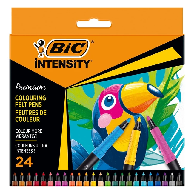 BIC Intensity Premium - Rotuladores para colorear con cuerpo negro - Cómodo grip de goma - Colores surtidos - Pack de 24