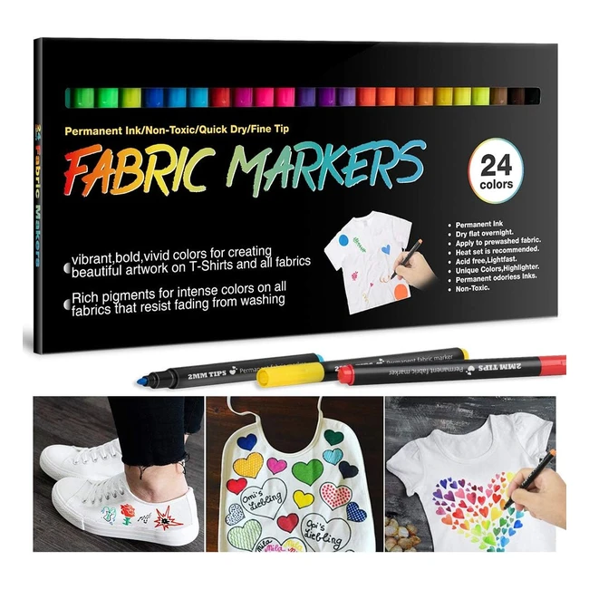 24 Fabric Pens Permanent for Clothes - White T-Shirt Design Kit - Canvas Tote Bag - Pillowcases - Plain Cotton Bags - Shoes - Baby Shower Games - Craft Paint Pens - Art Markers for Adults Kids