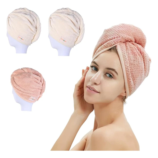 Luxury Hair Drying Towels - Absorbent Microfiber Hair Wrap - Faster Drying - Pink/Beige/Beige