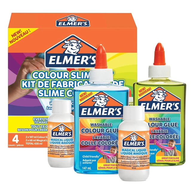 Kit Slime Coloré Elmers avec Colle PVA Translucide - Ingrédients pour Slime - Liquide Magique - Kit de 4 Pièces