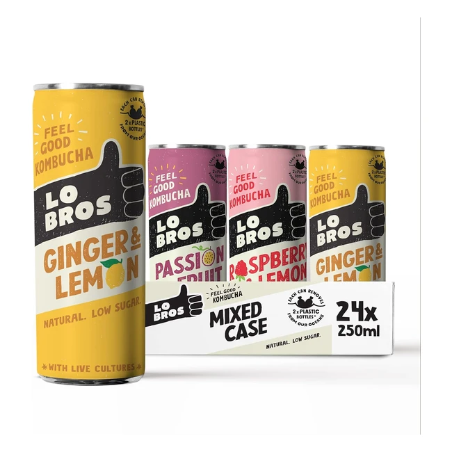 Lo Bros Kombucha Mixed Pack - 250ml per Can - Pack of 24 - 100% Natural, Low Calorie, Vegan, Gluten-Free, Live Cultures