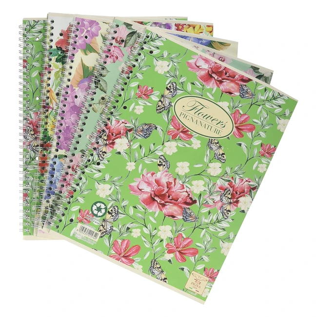 Cahiers Pigna Nature Flowers - Lot de 5 - Papier recyclé - Rayures - Fleurs assorties