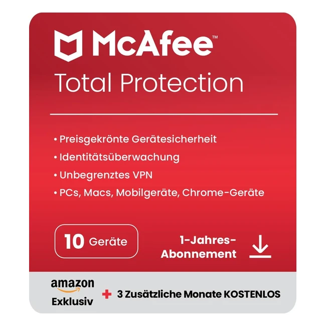 McAfee Total Protection 2023 | Amazon Exclusive | 10 Geräte | Virenschutz, Internet-Sicherheitssoftware, VPN, Passwort-Manager