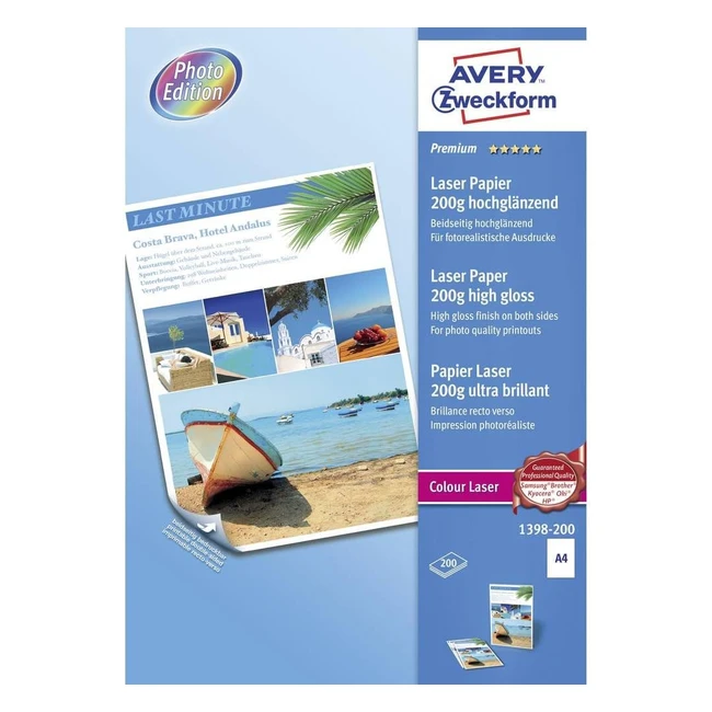 Papier Premium Avery 1398200 pour Impression Laser Couleur A4 - 200g Brillant Bl