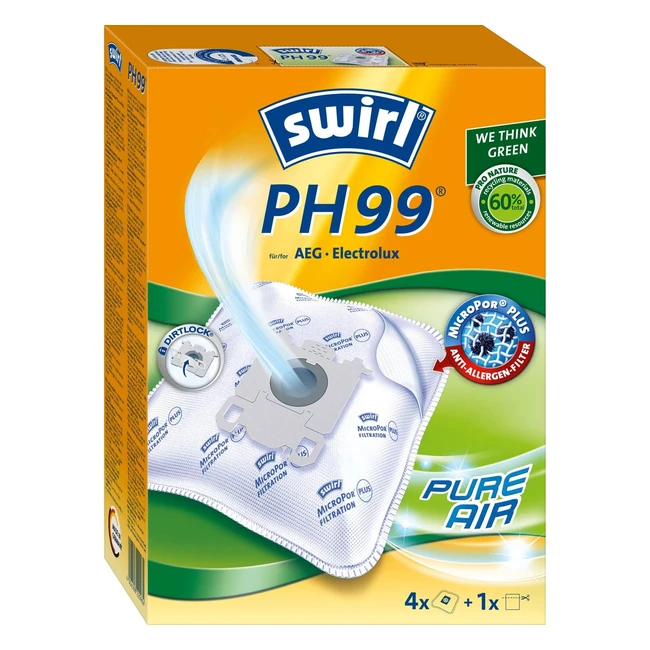 Bolsas para aspiradora Swirl PH 99 Micropor Plus Green - Alta potencia de aspiración - 4 bolsas y 1 filtro blanco