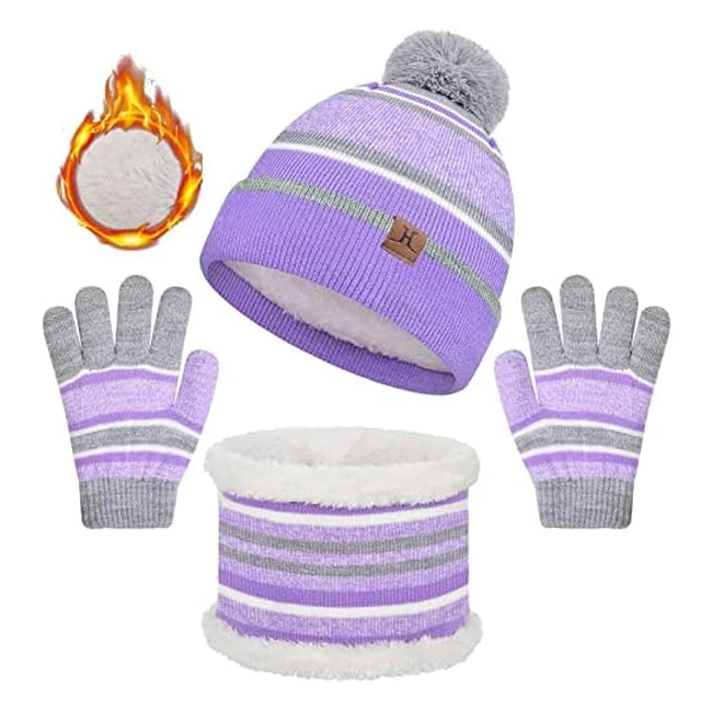 Heekpek 3-Piece Hat and Scarf Set for Kids | Winter Pom Pom Hat, Scarf, Gloves | Warm Knitted Beanie | Boys, Girls