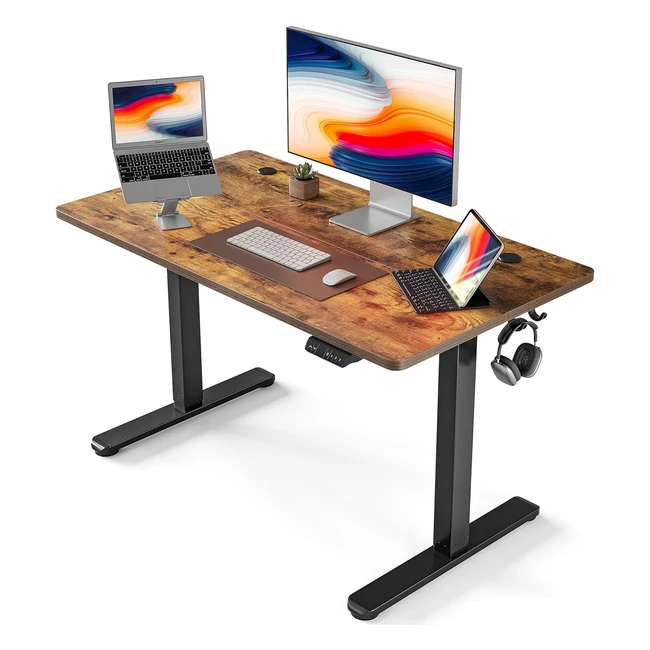 fezibo höhenverstellbarer elektrischer Schreibtisch 100 x 60 cm Stehpult mit Spliced Board für Home Office Schwarz Rahmen Rustikale braune Oberfläche