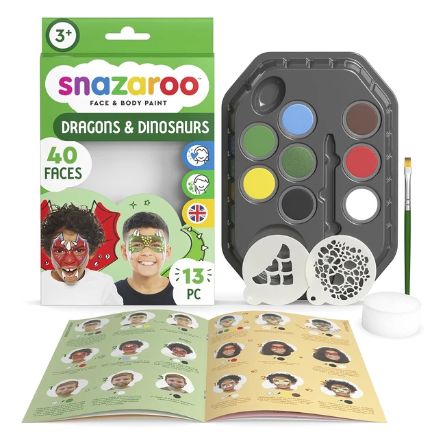 Snazaroo Dragons Dinosaurs Face Painting Palette Kit - 8 Colours, 13pcs Stencils, Water-Based