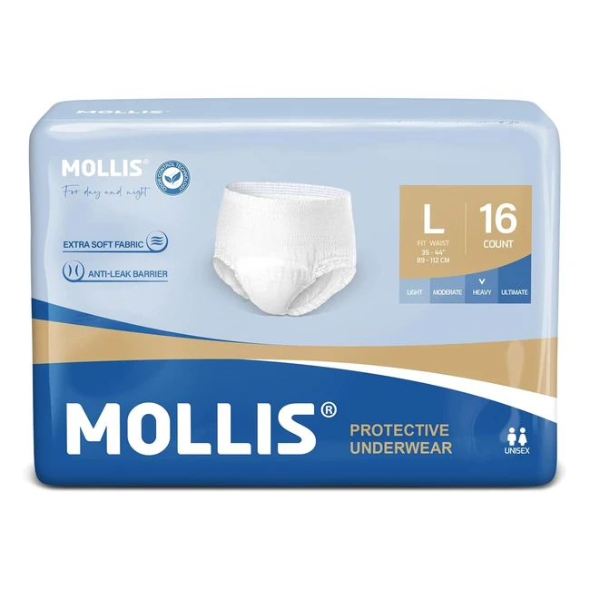 Mollis Adult Incontinence Postpartum Underwear - Maximum Absorbency, Odor Control - Large 16 Count
