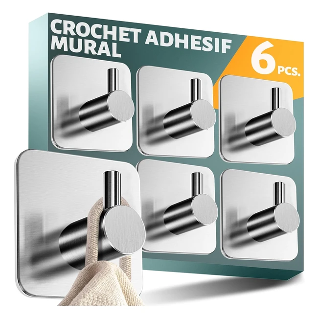 Ensemble de 6 crochets adhsifs muraux pour salle de bain en inox - Sans pera