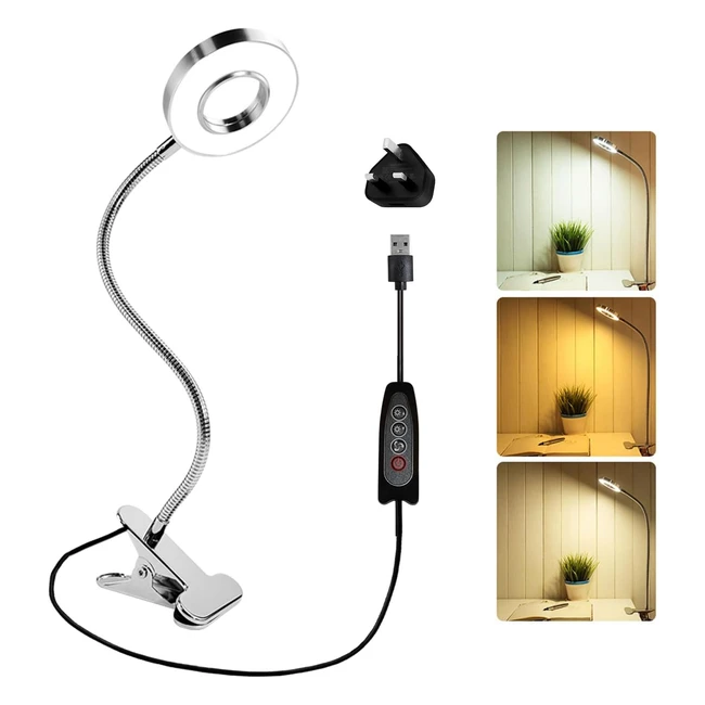 Akynite 7W USB Clip On Reading Light with UK Adapter - 3 Colour Changing 10 Bri