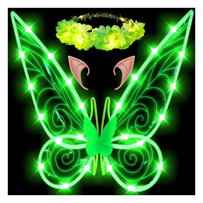 Loyo Fairy Wings Light Up Sparkling Costume for Adults & Girls - LED Light, Fairy Crown, Green