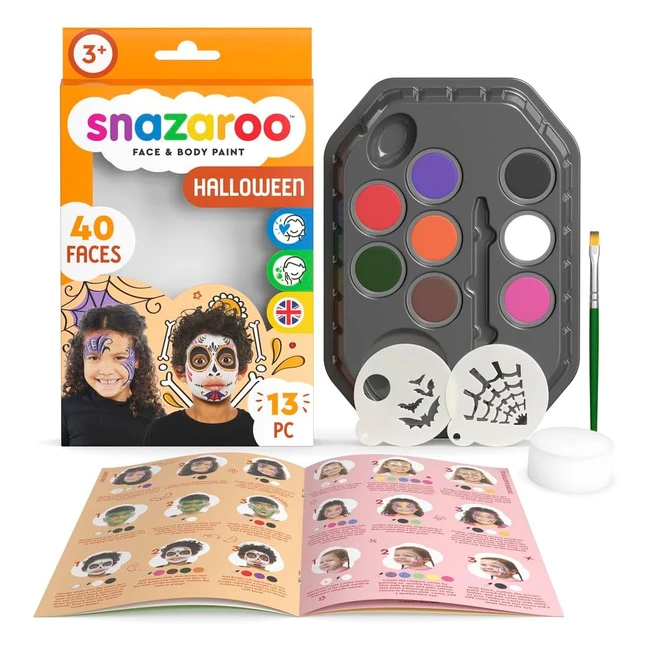 Snazaroo Halloween Face Painting Palette Kit - 8 Colors, 13pcs Stencils, Water-Based, Easily Washable