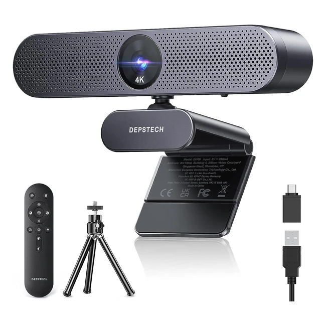 Depstech DW50 Pro 4K Webcam - Ultra HD with Microphone - 3x Zoom - Sony Sensor - Noise-Canceling Mics - Remote Control - Autofocus - Streaming Camera