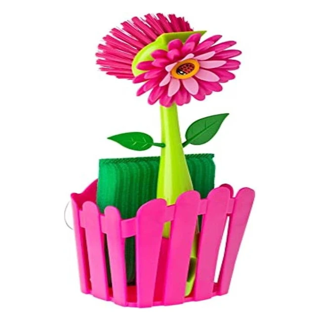 Set Fregador Vigar Flower Power - Cepillo y Estropajo - Color Magenta - Dimensiones 11x65x25 cm