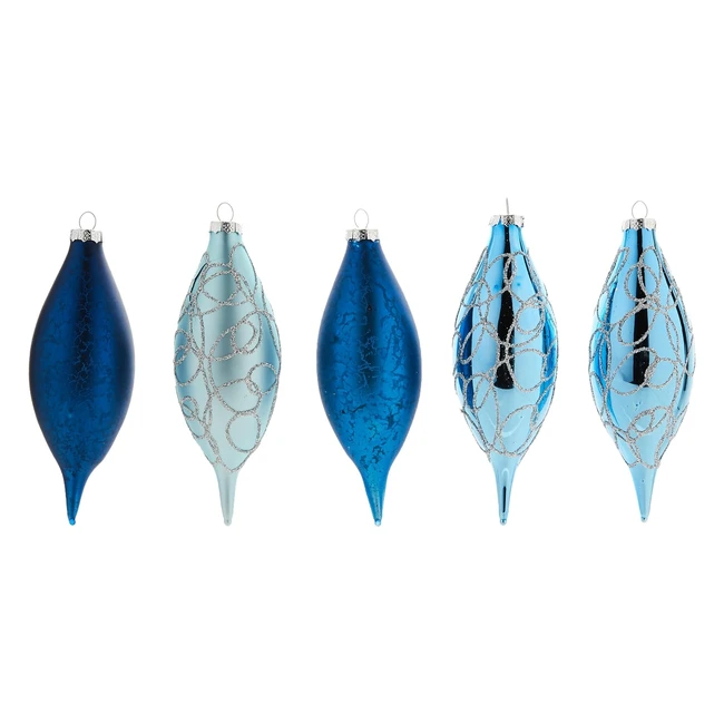 Blue Glass Baubles - Set of 5 by WerChristmas - Teardrop Shape - H 15cm D 5cm