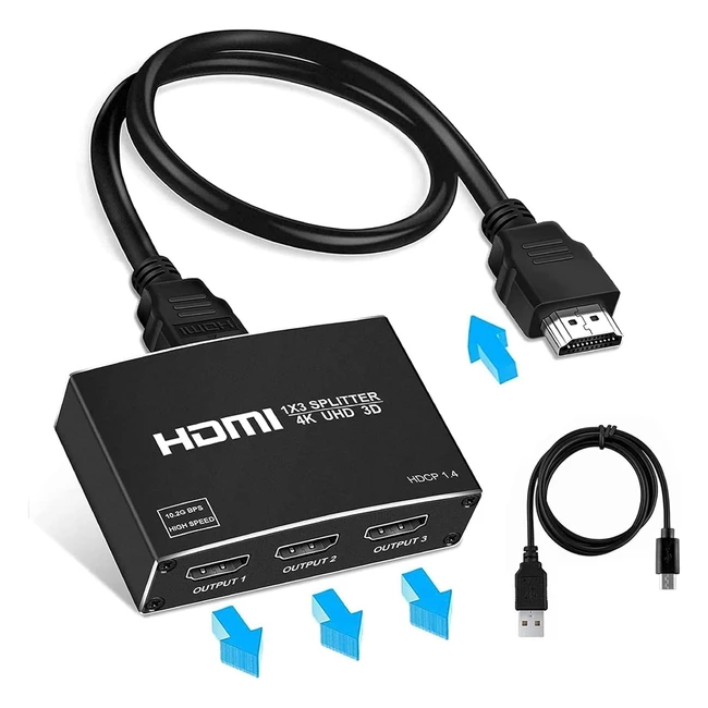 4K HDMI Splitter 1 in 3 Out Aluminum | 3 Same Outputs | 4K 1080p 3D HDR | Xbox PS5 PS4 | 39ft HDMI Cable