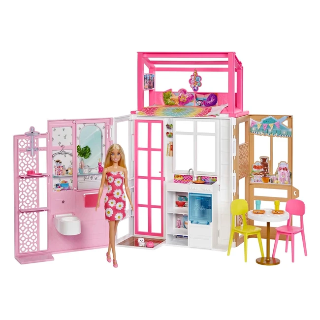 Barbie Coffret Maison et Poupée 2 Niveaux Meublée avec 4 Zones de Jeu - Jouet Enfant