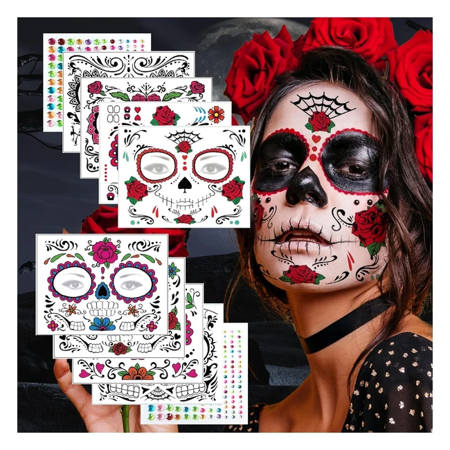 Tatuaggi Temporanei Halloween - 10 fogli - Cranio Floreale Nero - Scheletro Web - Rose Rosse - Viso Temporaneo Tattoos Adesivi - Decorazione Festa a tema Halloween