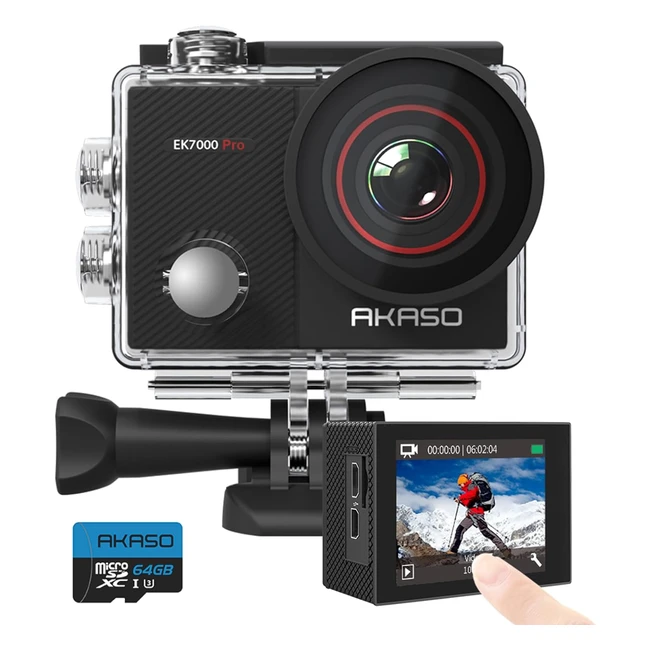 Caméra d'action AKASO EK7000 Pro 4K avec carte mémoire microSDXC 64 Go - Vidéos 4K30fps, Photos 20MP, Écran Tactile IPS