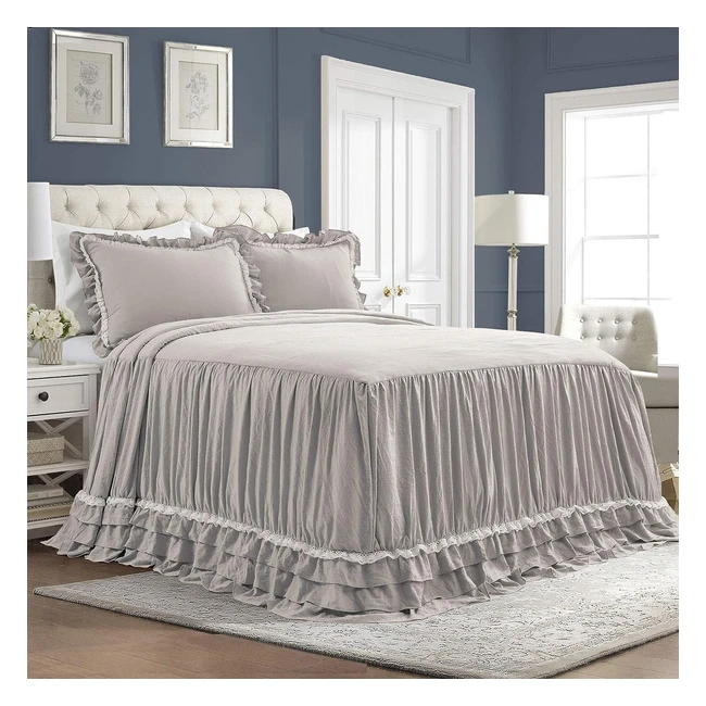 Lush Decor Ella Vintage Chic Ruffle Lace Bedspread - Light Gray - Lightweight 3 Piece Set - Queen - Polyester