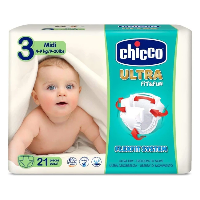 Chicco Ultra FitFun - Lot de 21 couches ultra absorbantes - Taille 3-4 - Capacité maximale 21 couches - Maxi 4-9 kg