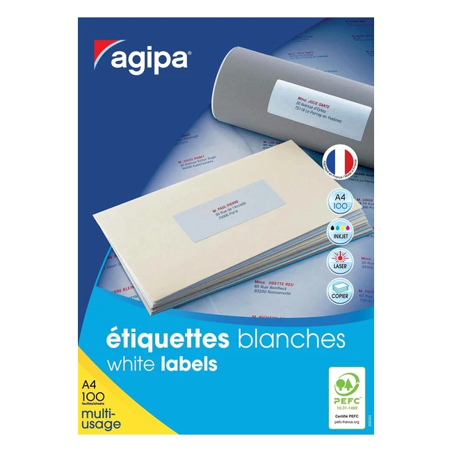 Etiquettes adhésives blanches multiusages Apli Agipa - Certifiées FSC - Antibourrage - 210 x 297 mm - 100 étiquettes
