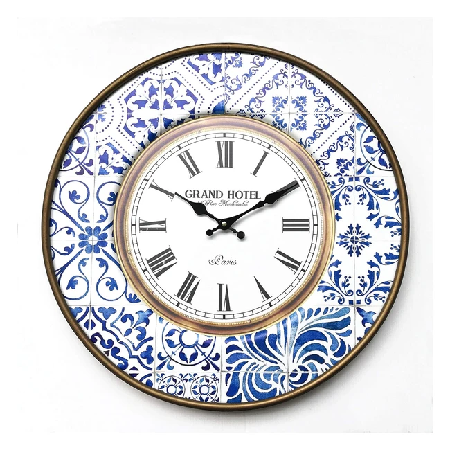 Rebecca Mobili RE6383 Runde dekorative Metall-Wanduhr weiß braun blau Vintage-Stil Ø 50cm x 45cm