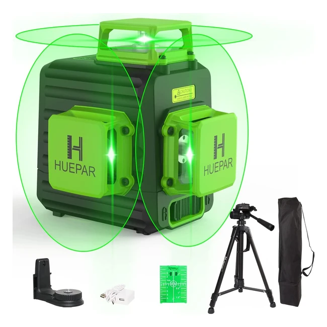 Huepar 3D Cross Line Self-Leveling Laser Level - Green Beam - Li-ion Battery - 1