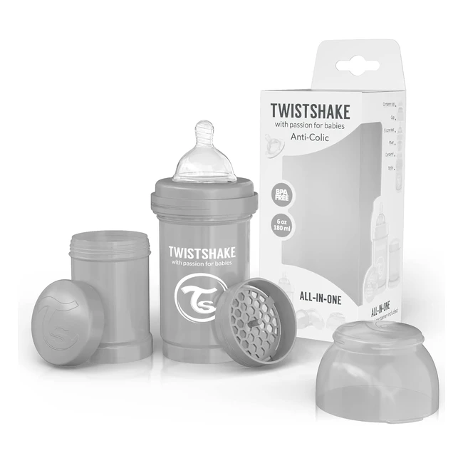 Twistshake Anticolica Biberon 180ml - Flusso Lento - BPA Free - Grigio Pastello