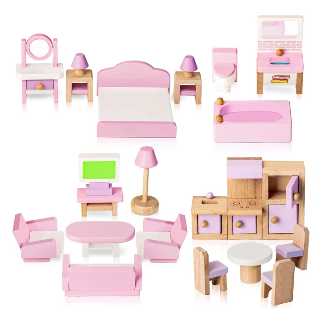 Kit de meubles maison poupées bois 5 pièces 22 pièces accessoires cuisine salle manger salon chambre bain