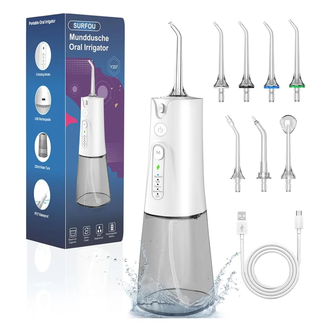 Hydropulseur et Irrigateurs 5 Modes 7 Embouts - Nettoyage Dentaire Profond - Etanche IPX7 - Rechargeable USB - Réservoir 230ml