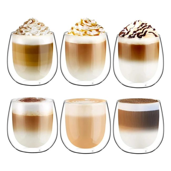 Glastal 6x250ml Double Walled Coffee Glasses - Heat Resistant Glass Cups