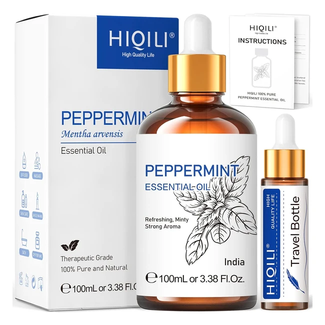 Hiqili Pfefferminzöl 100 ml - Therapeutische Qualität - Aromatherapieöl - 100% natürliches reines Pfefferminzöl - Für Diffuser, Ölbrenner, Haar- und Hautpflege