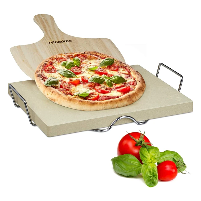 Set Pietra Refrattaria per Pizza Relaxdays - Ollare Spessa 3 cm - Pala in Legno - Cordierite - Colore Naturale