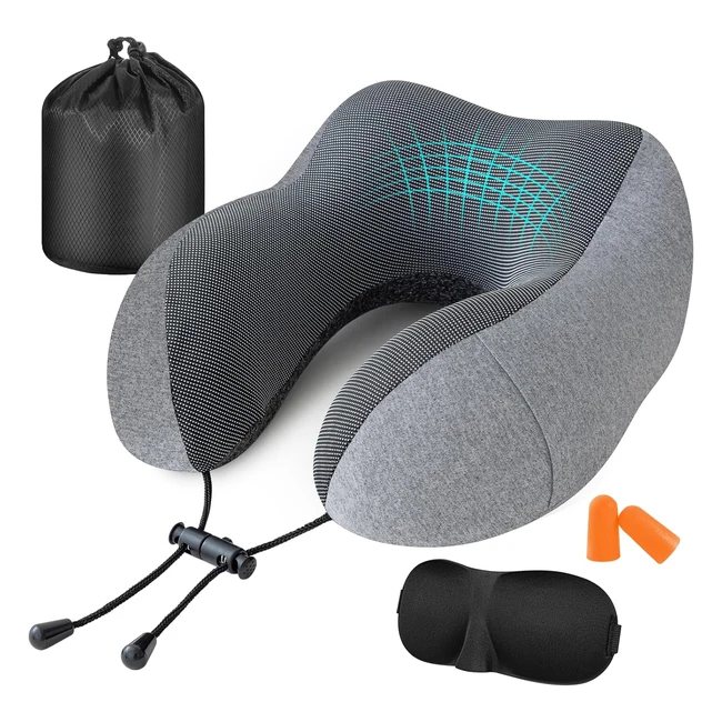 Jiancrate Travel Pillow - Memory Foam Neck Pillow for Adults - Soft & Lightweight - Ergonomic Design - Includes Ear Plugs, Eye Mask & Carry Bag