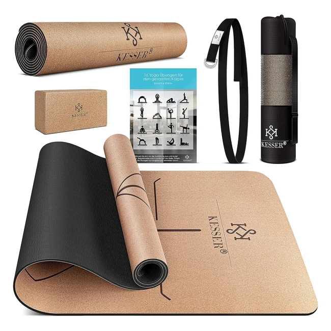 Kesser Kork Yoga Matte inkl. Tragegurt & Tasche | Rutschfest & Biologisch Abbaubar | 183x62 cm