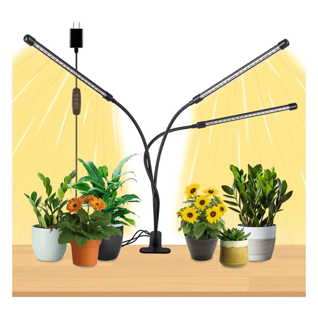 Jinhongto 3Head Plant Light Full Spectrum with Timer - Auto On/Off, 3 Modes, 10 Dimming Levels