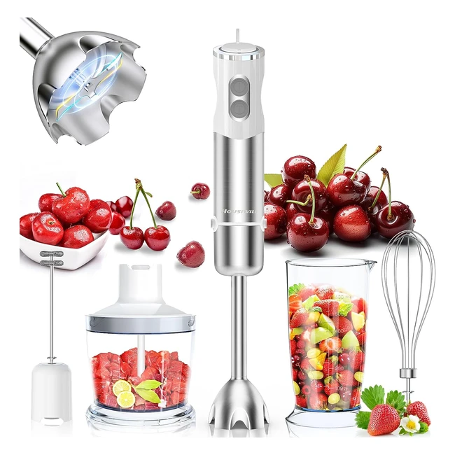 5in1 Stainless Steel Electric Stick Blender 1000W - Baby Food Blender with Egg Whisk, Frother, Chopper - BPA Free