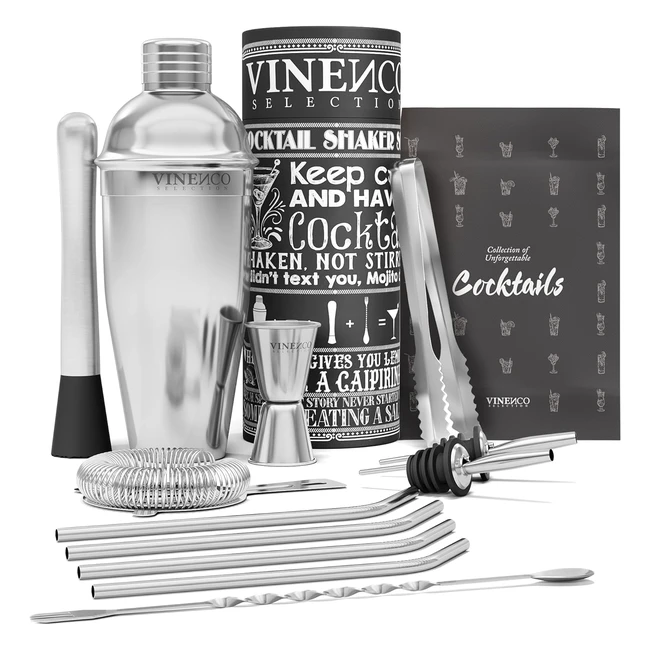 Vinenco Cocktail Shaker Set - Premium Edelstahl Bar Set mit Cocktailrezept eBook - 3-teiliger Cocktailmixer mit Strainer, Jigger, Barlöffel und Gabel - Bar Pestle - #Cocktailshaker